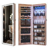 LVSOMT LED Wall/Door Mounted Jewelry Cabinet Armoire, Full Length Mirror with Lights, Lockable Storage Organizer, Over the Door Hanging Body Mirror (Wood) LVSOMT