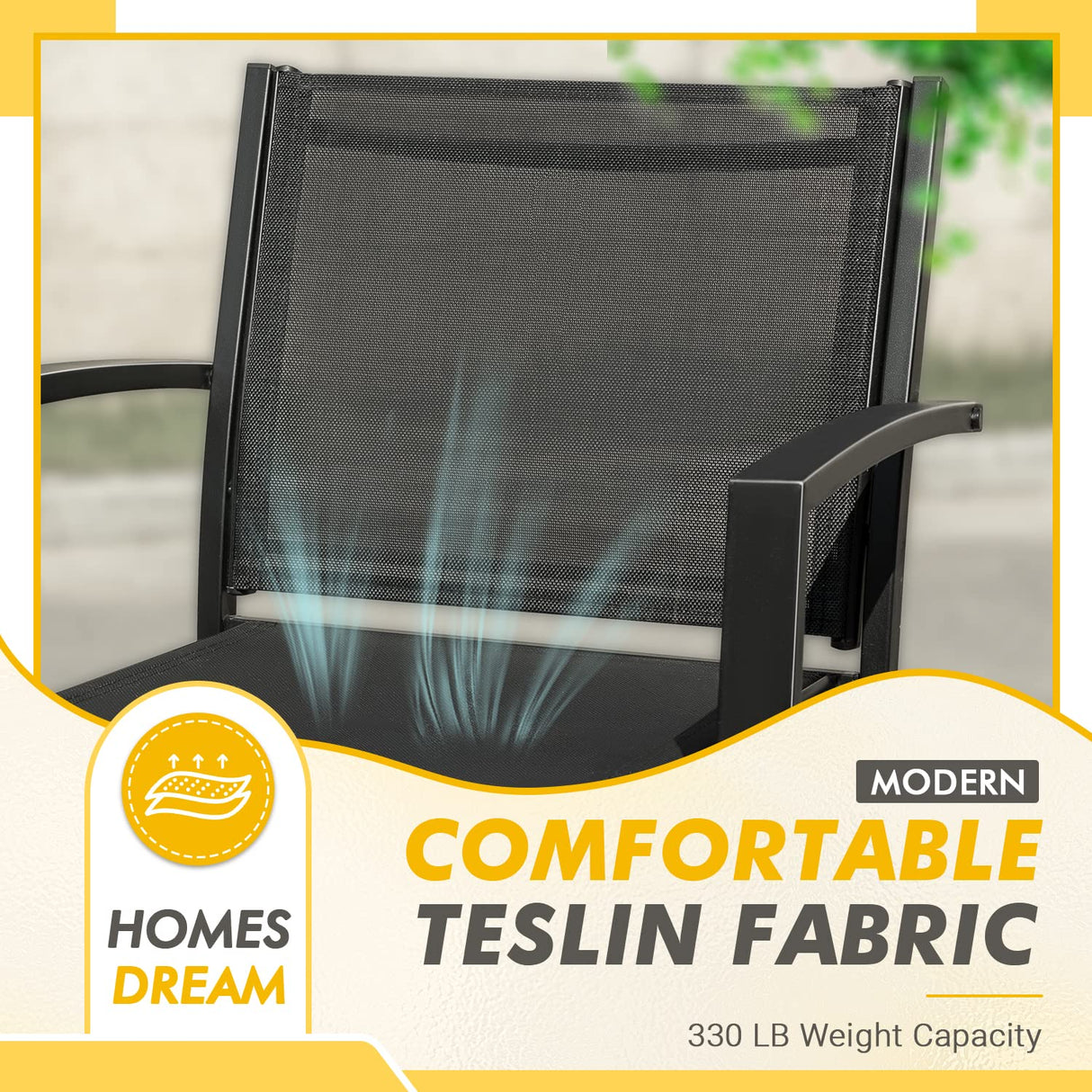 Greesum 3 Pieces Patio Furniture Outdoor Bistro Set Textilene Fabric Chairs for Lawn, Garden, Balcony, Poolside with A Glass Coffee Table, Black Greesum