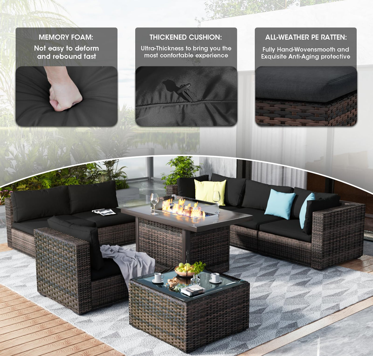 GREZJXC 8 Pieces Outdoor Sectional Patio Furniture Set with Fire Pit Table,PE Rattan Wicker Patio Sectional Conversation Set with Cushions and Glass Coffee Table Black - WoodArtSupply