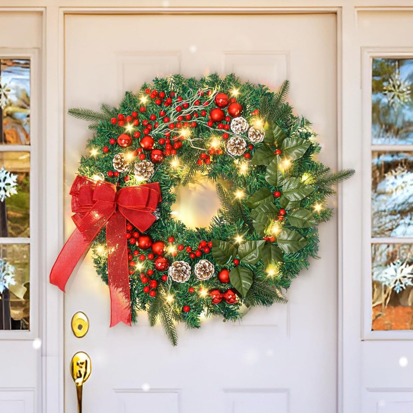 24In Prelit Christmas Wreath with 50 LED Lights, Large Christmas Wreath for Front Door Wreaths with Berries, Pine Cones for Door Fireplace Window Mantle Christmas Decoration