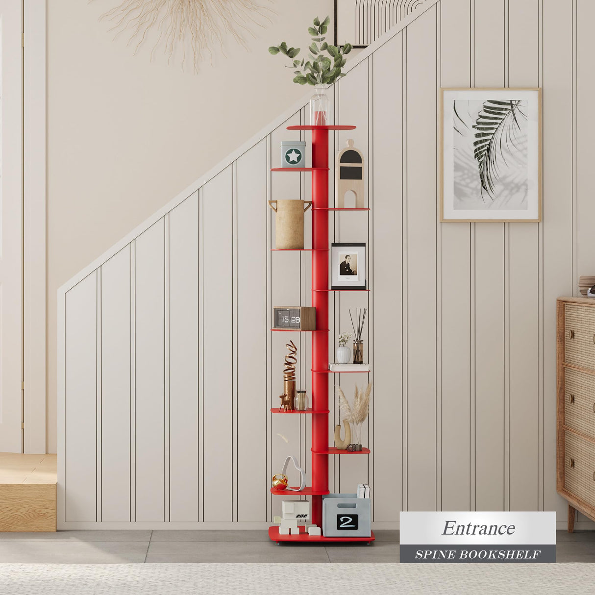 Suchtale Spine Bookshelf, Vertical Spine Book Tower, 11-Tier Metal Bookcase, Book Organizers Display Storage Rack for Study & Living Room, DIY Book Shelf for Decor, Red Suchtale