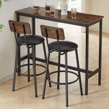 VEPXXP Industrial Bar Table and Chairs Set for 2, 3-Piece Rectangular Pub Table with 2 Stools & Backrest, Counter Height Small Kitchen Table with Bar Chairs for Dining Room Small Space, Rustic Brown VEPXXP