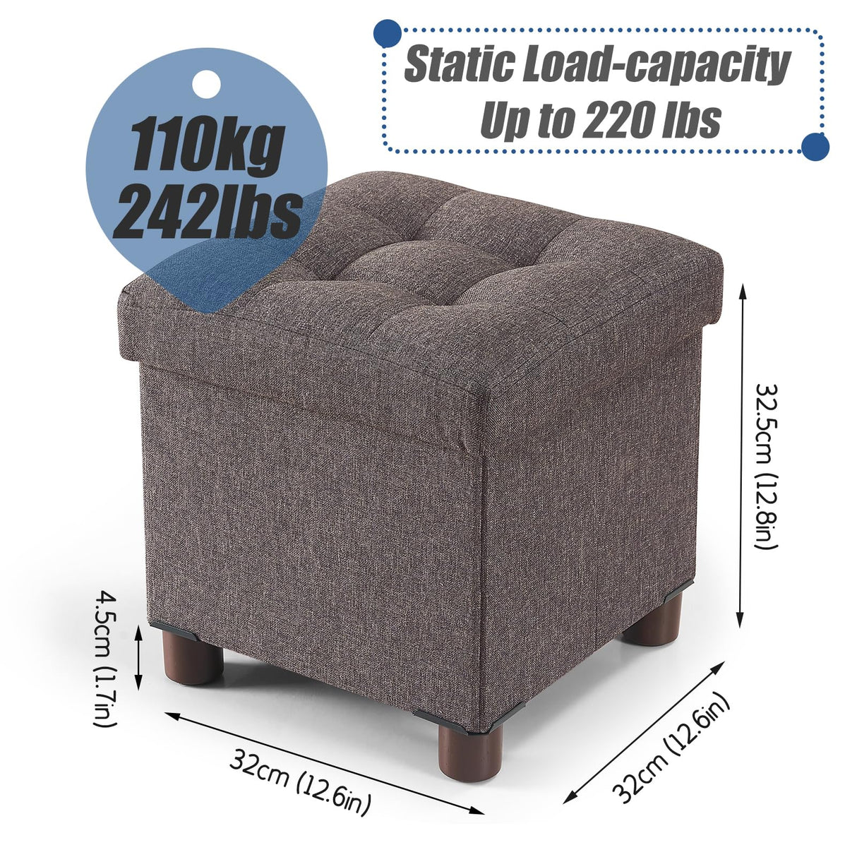 BRIAN & DANY Small Storage Ottoman Cube, Folding Ottoman with Storage, Foot Stool Seat with Wood Legs, for Living Room and Bedroom, 12.6"x12.6"x12.8" - Brown BRIAN & DANY