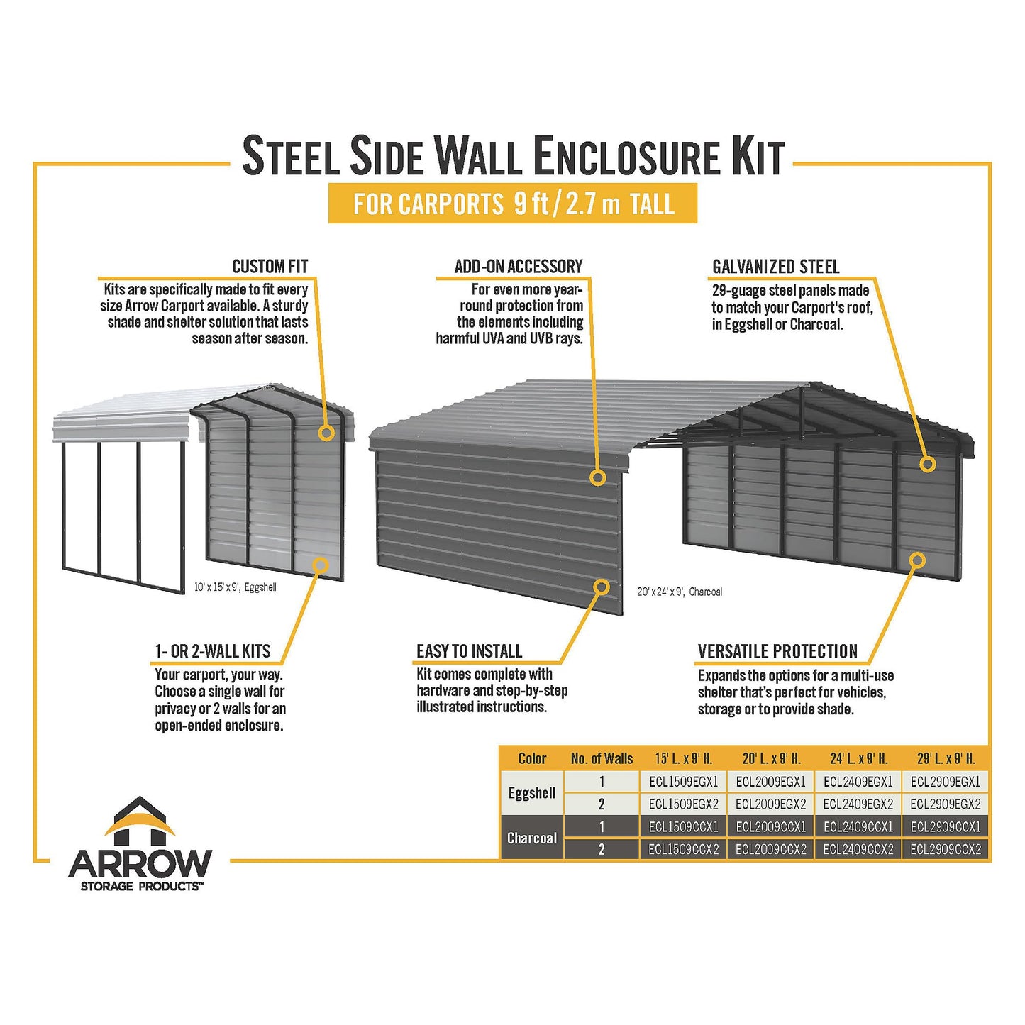 Arrow Carports Galvanized Steel Carport, with 1-Sided Enclosure, Compact Car Metal Carport Kit, 12' x 24' x 9', Eggshell