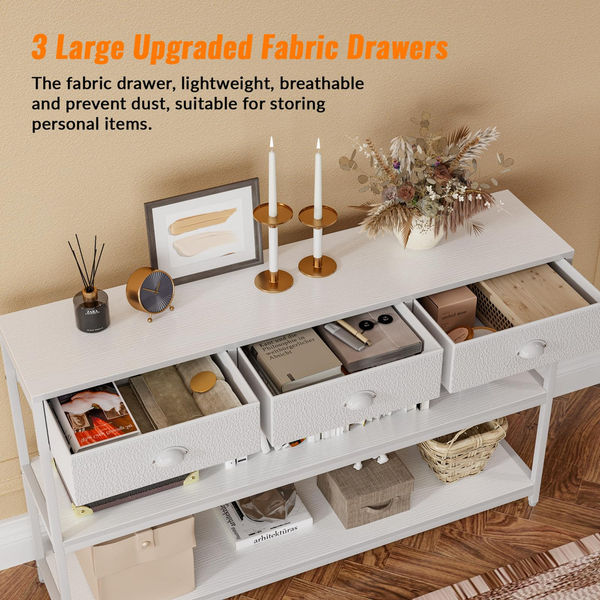 White 47" Console Sofa Table with 3 Drawers and Multi-Tier Storage Shelves for Entryway and Living Room Furologee
