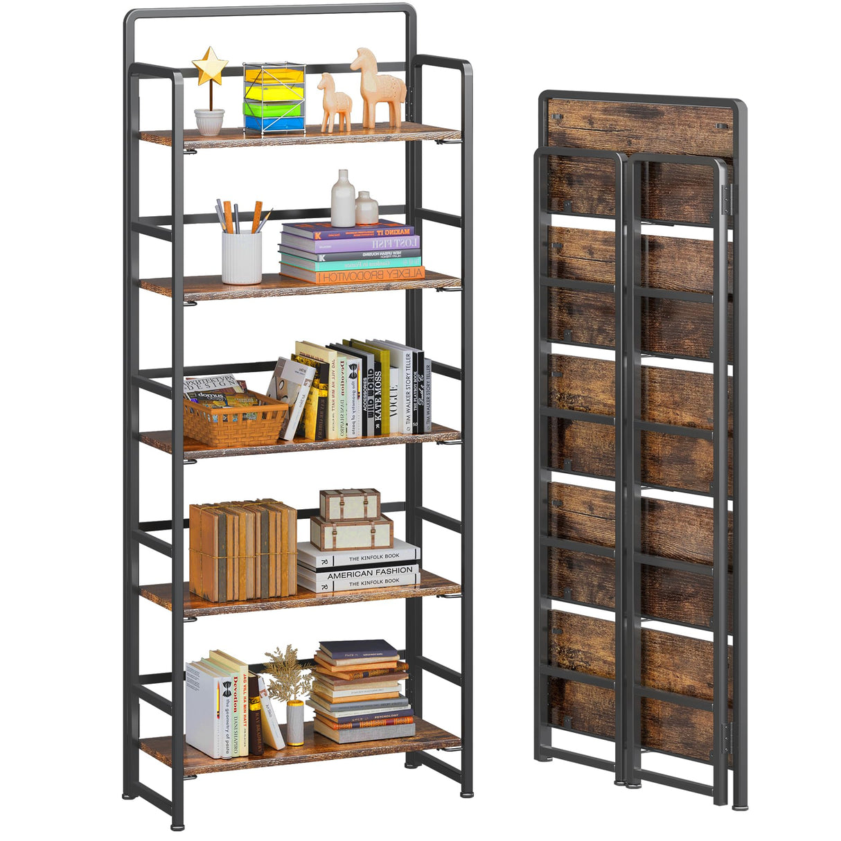 4NM No-Assembly 5 Tiers Folding Bookshelf Storage Shelves Vintage Bookcase Standing Racks Study Organizer Home Office (Rustic Brown) 4NM