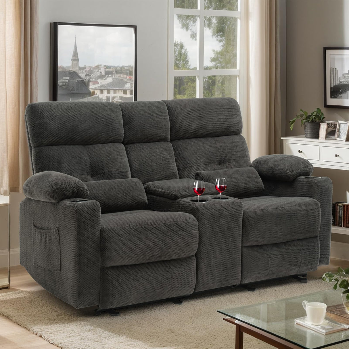 Consofa Power Reclining Loveseat with Console, Power Loveseat Recliner Sofa with Heat and Massage, Extended Footrest, Reclining Loveseat with Cup Holders, Lumbar Support for Living Room, RV Loveseat Consofa