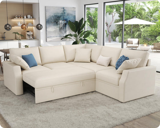 VanAcc Sofa Bed, 85 Inch Sleeper Couch with Storage Seat, L Shaped Sofa with Pull Out Sofa Bed, Sectional Couches for Living Room Apartment, Beige Linen Couch Sofa