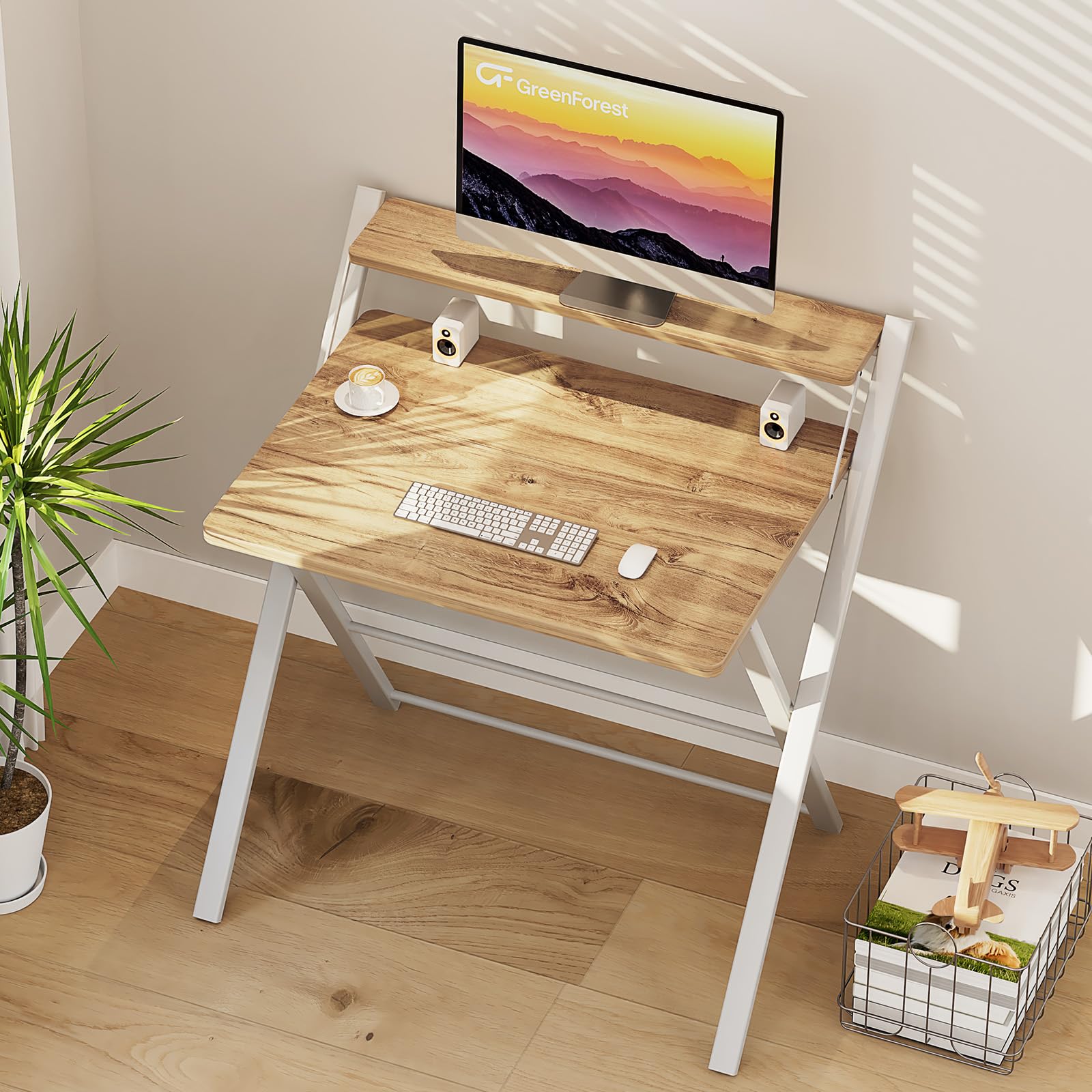 GreenForest Folding Desk No Assembly Required Small Size, 2-Tier Foldable Computer Desk with Shelf for Home Office, Space Saving Portable Laptop Study Foldable Table for Small Spaces, Oak - WoodArtSupply