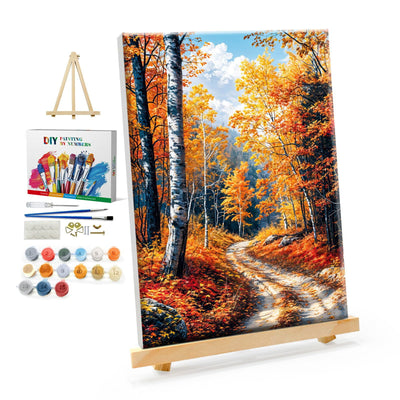 YOYA Framed Paint by Numbers Kit for Adults - Fall Forest Adult Paint by Number Kits on Canvas with Easel, DIY Autumn Landscape Paint by Number Framed Canvas for Home Wall Decor 8x12 Inch