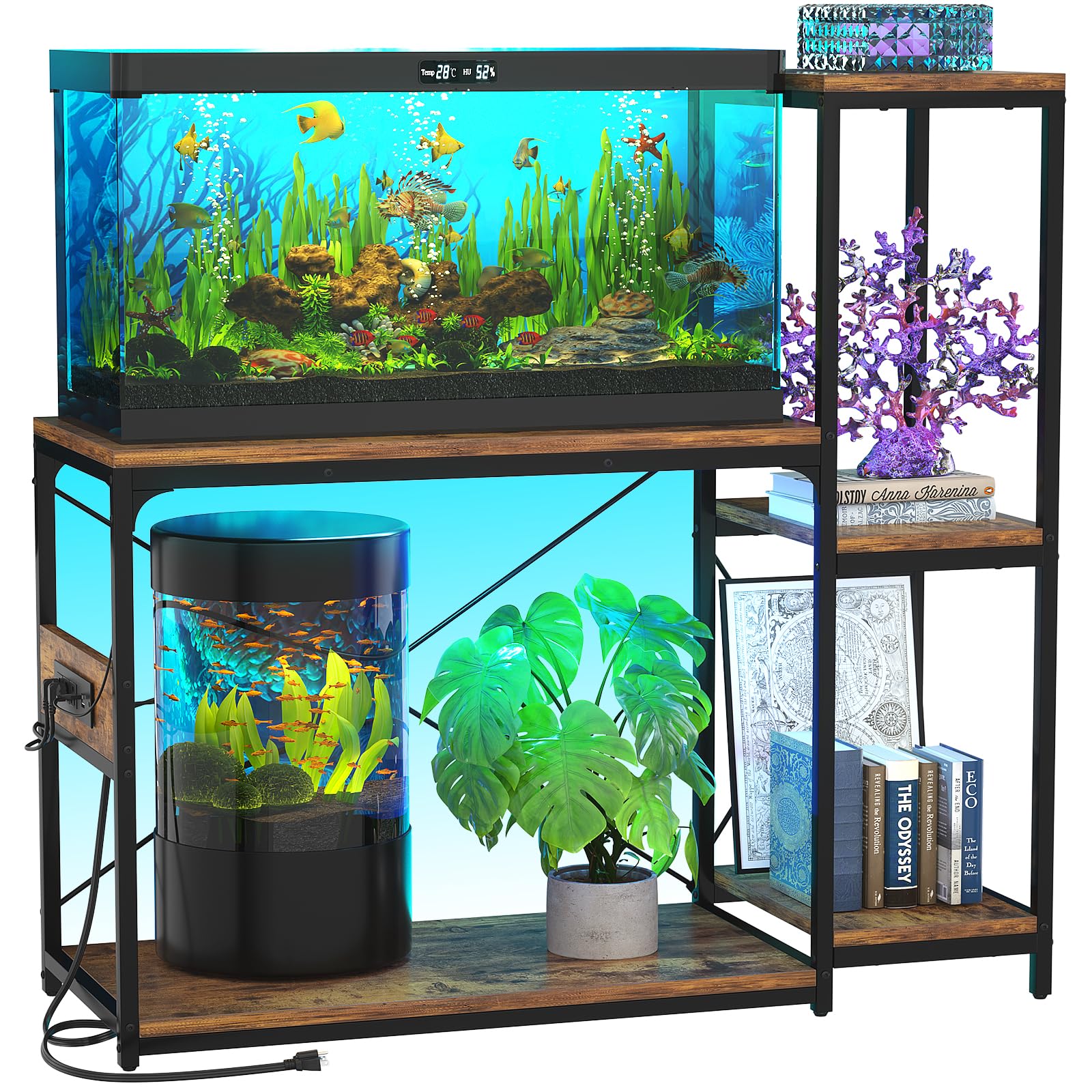 Hyomdeck 20-29 Gallon Fish Tank Stand with Power Outlet & LED Light, Reversible Wood Aquarium Stand with Shelves for Fish Tank Accessories Storage, Metal Frame, Turtle/Reptile Tank Stand, Rus - WoodArtSupply