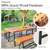 Sophia & William Acacia Wood Patio Dining Set with 1 Table and 2 Benches for 6, Oil Finished Tabletop and Spray Painted Legs, 3 Pieces Patio Dining Furniture for Porch Backyard, Teak and Black Sophia & William