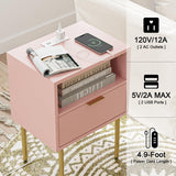 Masupu Nightstand with Charging Station,Mid-Century Modern Bedside Table with Storage Drawer and Open Wood Shelf,Small Gold Frame Side Table for Bedroom,Living Room (Pink) Masupu