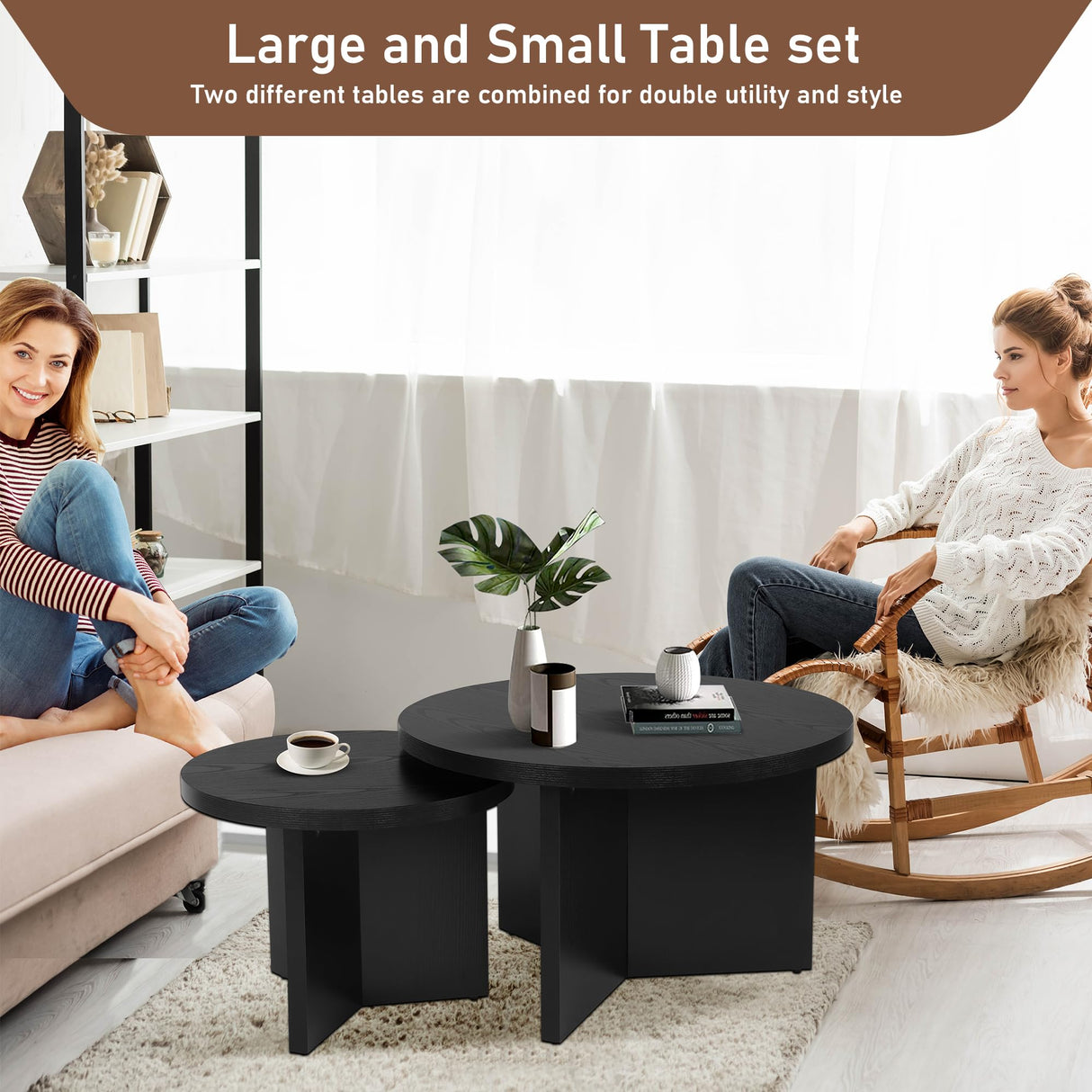 QuicMiou Round Nesting Coffee Table Set of 2, Modern Stacking Table with Wood Grain Finish, End Table Side Tables for Living Room (Black) QuicMiou