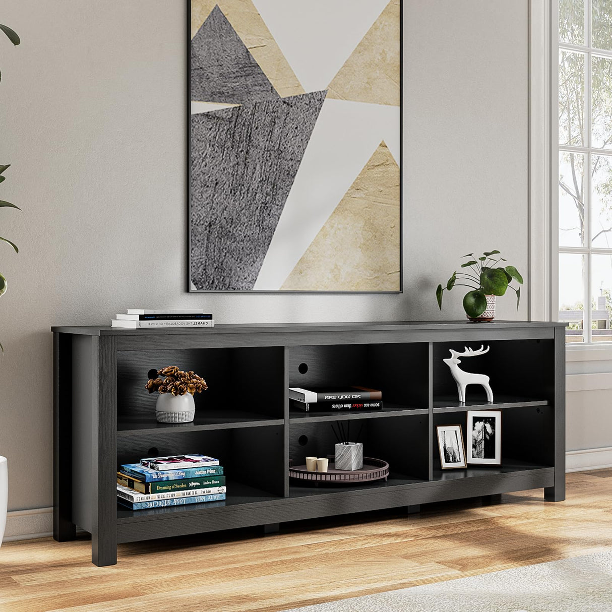 BVIUNTWO Black TV Stand for TVs up to 70 Inch,Entertainment Center for 65+ inch TV Console Table with 6 Storage Cubby, Classic Television Stands for Living Room Bedroom, 65 Inch BVIUNTWO
