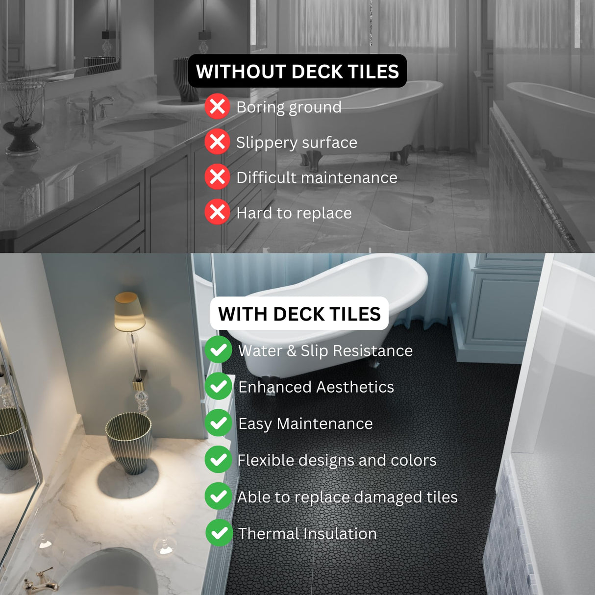 60 Pcs Floor Tiles, Pebble Pattern Plastic Interlocking Deck Tiles, 12" x 12" Patio Tile Outdoor Interlocking All Weather, Outdoor Waterproof Flooring for Bathroom Shower, Balcony, Porch, Black cloblane