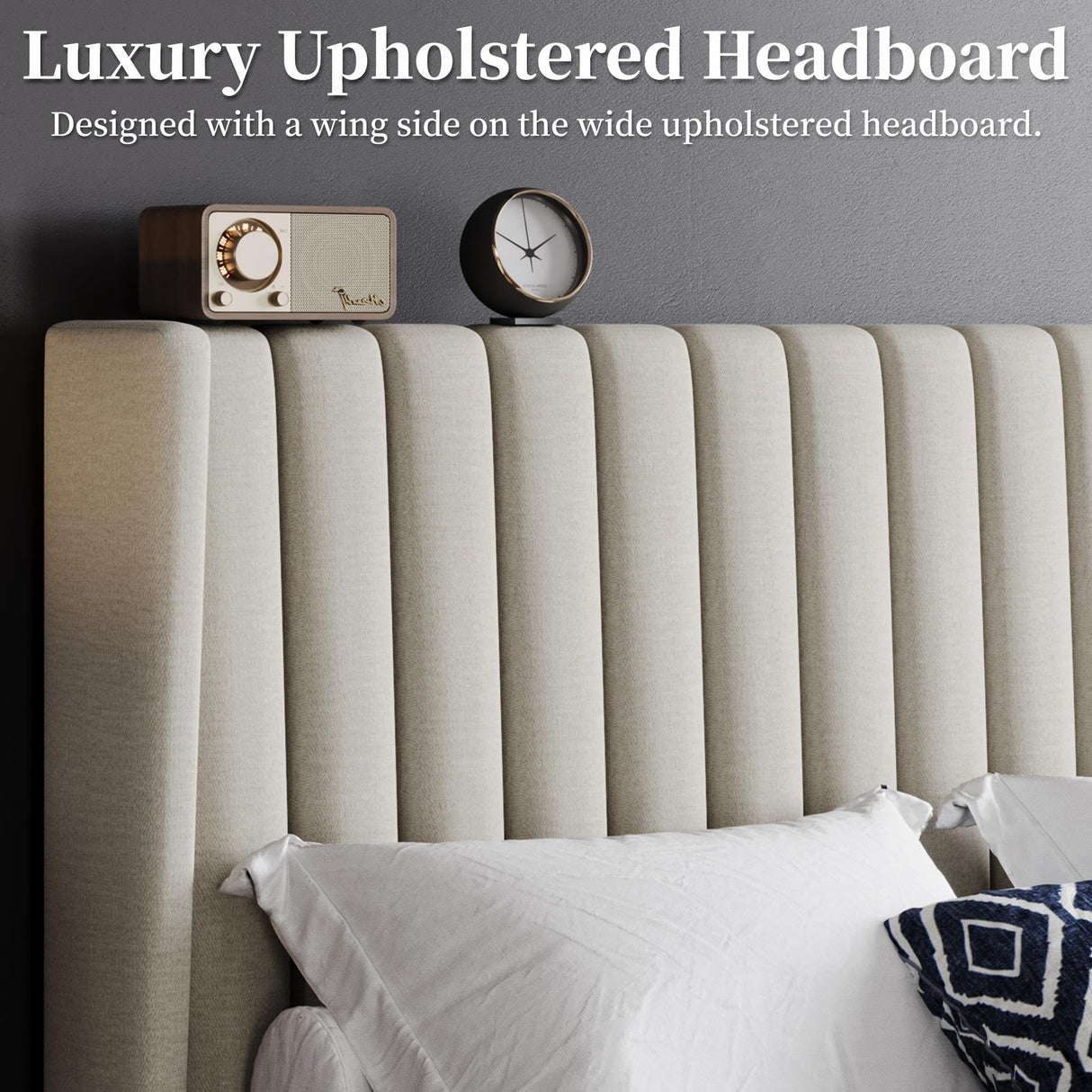 Yaheetech Full Bed Frame Upholstered Platform Bed with Fabric Headboard, Wing Edge Design/Non-Slip and Noise-Free/Wooden Slats Support/No Box Spring Needed/Easy Assembly, Beige Full Bed Yaheetech