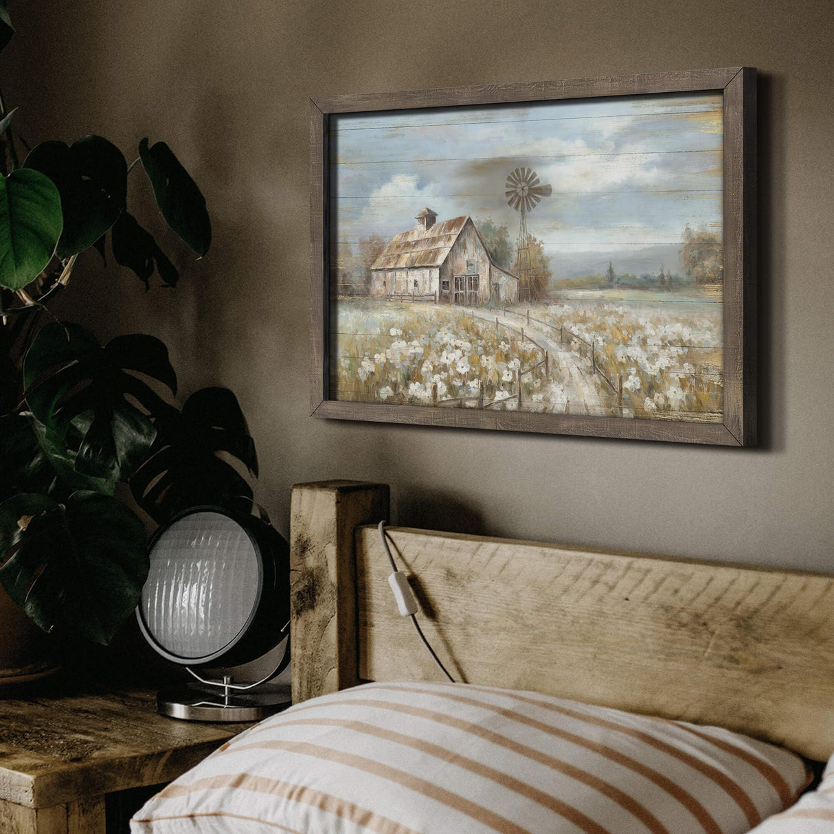 Barn Framed Wall Art Decor: Rustic Farmhouse Wooden Picture Country Windmill Meadow Landscape Painting Blue Sky and Wild Flowers Prints Artwork for Bedroom Kitchen 16'' x 11' cozy country