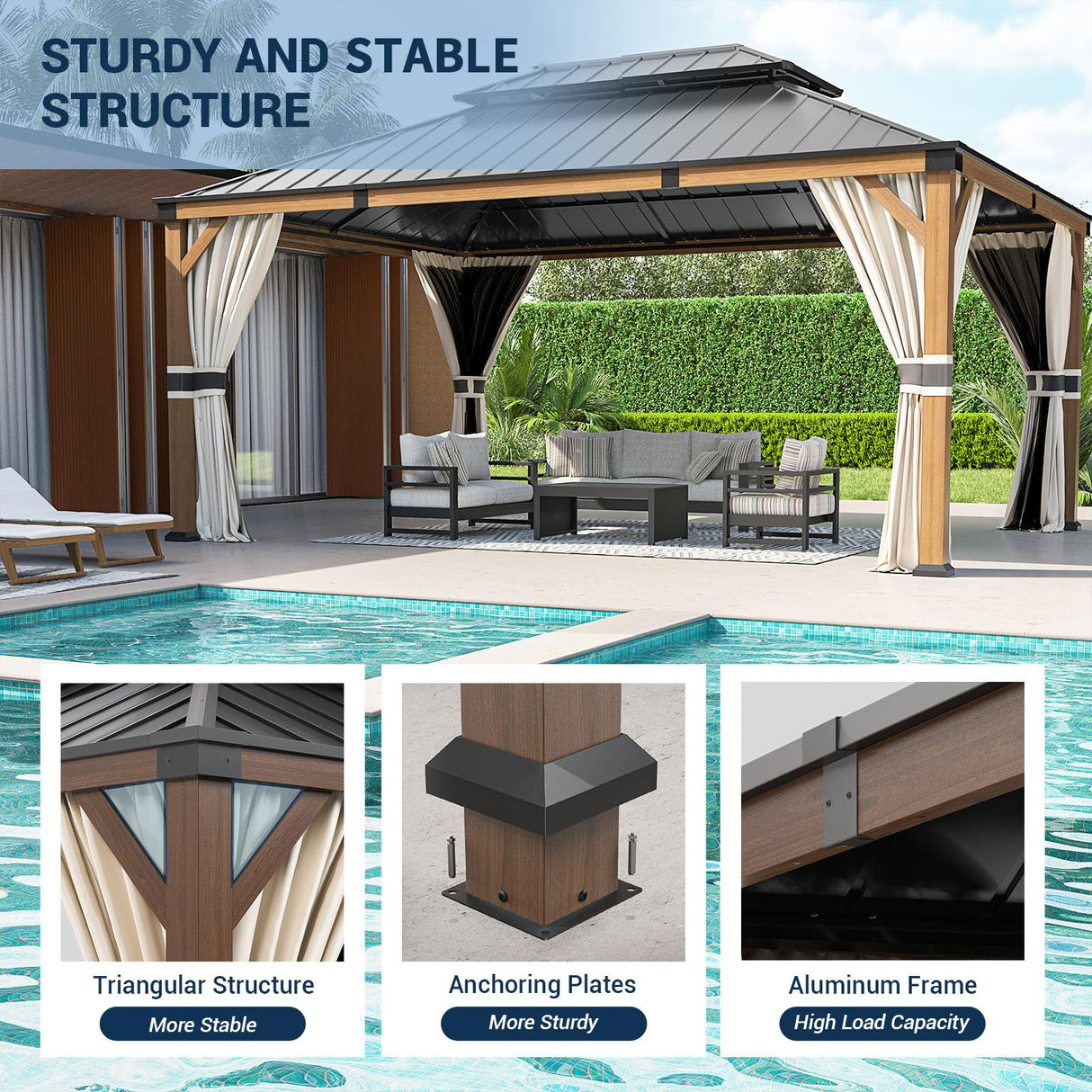 UDPATIO 12' x 16' Hardtop Gazebo, Wood Grain Finish Aluminum Frame Outdoor Gazebo with Galvanized Steel Double Roof, Metal Gazebo Canopy with Curtain and Netting for Patio, Deck and Lawn, Beige UDPATIO