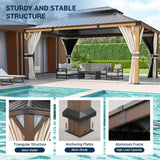 UDPATIO 12' x 16' Hardtop Gazebo, Wood Grain Finish Aluminum Frame Outdoor Gazebo with Galvanized Steel Double Roof, Metal Gazebo Canopy with Curtain and Netting for Patio, Deck and Lawn, Beige UDPATIO