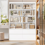 FINETONES 71" White Bookshelf with Drawers, 47.3" Double Wide Bookshelves and Bookcases with Storage, Tall Bookshelf Large Open Book Shelf Standing Book Case for Home Office, White FINETONES