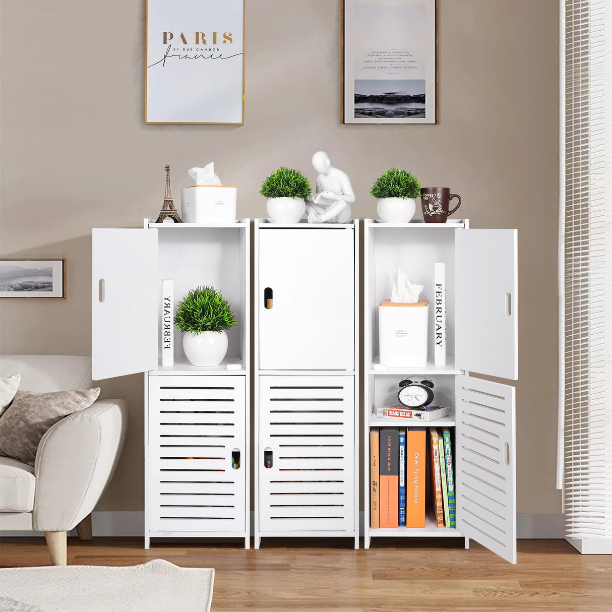 YARUKIMA Bathroom Floor Storage Cabinet,Side Storage Organizer,Bathroom Unit with Door and Shelves,Freestanding Cabinet for Hallway/Living Room, White YARUKIMA