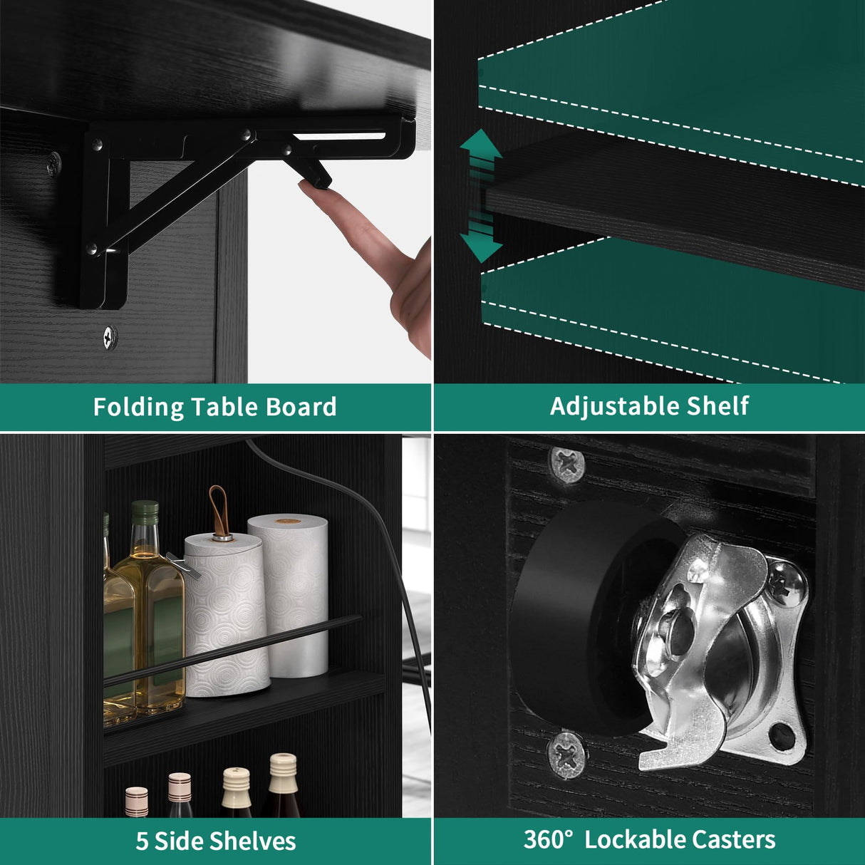 YITAHOME Kitchen Island with Drop Leaf, 47 Inch Mobile Stroage Islands with Stainless Steel Top, Rolling Island Table with Power Outlet, Adjustable Shelves, Spice Rack, Towel Rack for Kitchen, Black YITAHOME