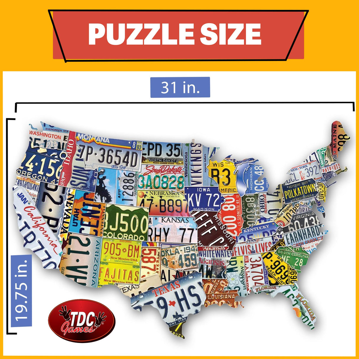USA License Plate Map 1000 Piece Jigsaw Puzzle in the Shape of the US - 31 inches long - Cool Wall Art TDC Games