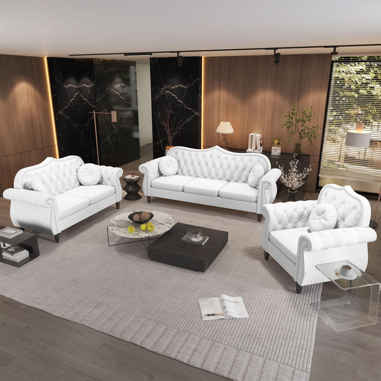 AVZEAR 3-Piece Living Room Sectional Sofa Set, Mid-Century Modern Chesterfield Upholstered Velvet Sofa Couch, Classic Tufted Button White Couch with Nailhead Trim for Living Room, Office (White) AVZEAR