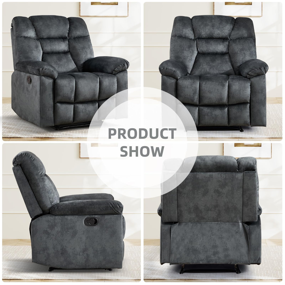 EBELLO Manual Recliner Chair for Adults with Soft Padded Headrest and Backrest, Overstuffed Single Recliner Sofa Chair for Living Room, Grey EBELLO