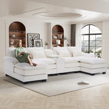 ONEMMLION U Shaped Cloud Couch Sectional Sofa, 124" Comfy Fluffy Chenille White Sectional Couches for Living Room with Double Chaise Lounge, Modern Modular Sectional Sofa with Central Console USB Port ONEMMLION