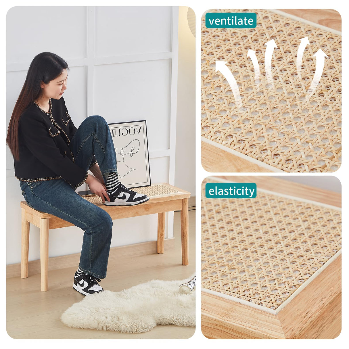 Jimenuco 40" Wooden Dining Bench with Hand Woven Rattan Seat,Solid Wood Bench for Entryway,Living Room,Kitchen and Bedroom（Nature Wood，18" H Jimenuco