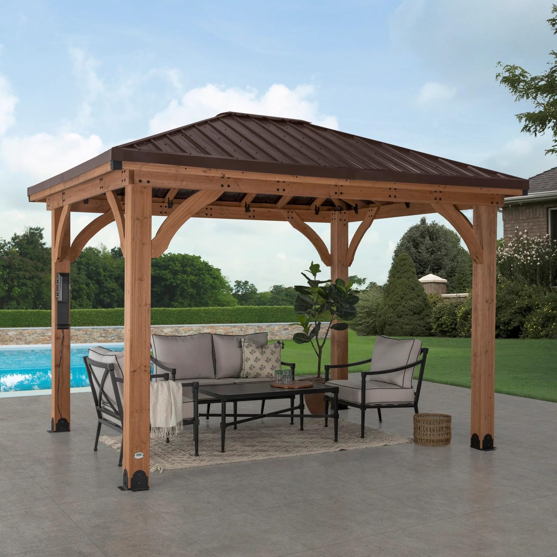 Backyard Discovery Barrington 12 ft. x 10 ft. Hip Roof Cedar Wood Gazebo Pavilion, Shade, Rain, Hard Top Steel Metal Roof, All Weather Protected, Wind Resistant up to 100 mph, Holds up to 645 - WoodArtSupply