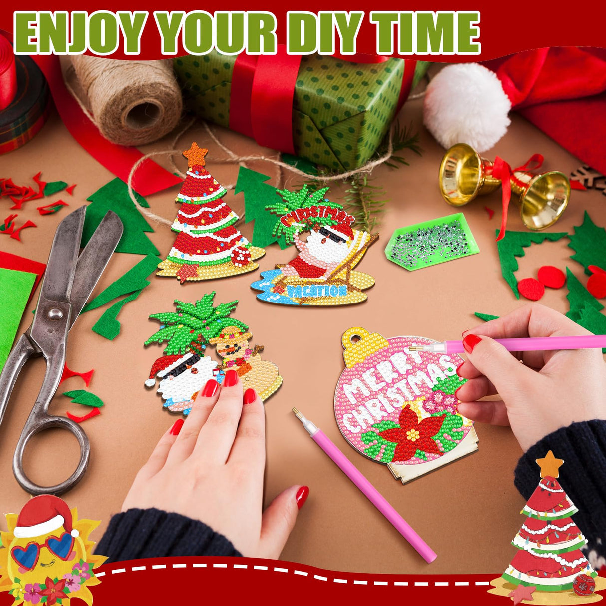 9 Pcs Christmas in July DIY Diamond Art Painting Kit Summer Beach Santa Tree Tabletop Diamond Art Painting Craft Ornament for Tropical Christmas Luau Party Decorations Briwooody