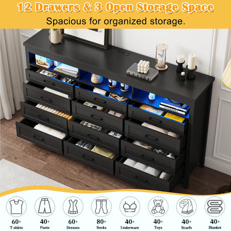 Hlivelood Farmhouse 12 Drawer Dresser with LED Lights, 71" Wide Large Chest of Drawers for Bedroom, Modern Wood Dresser Storage Organizer with Charging Station for Living Room, Bedroom, Hallway, Black Hlivelood
