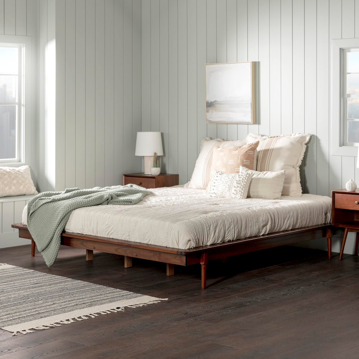 Walker Edison Mid Century Modern Solid Wood King Platform Bed with Headboard and Footboard - Walnut Finish Walker Edison