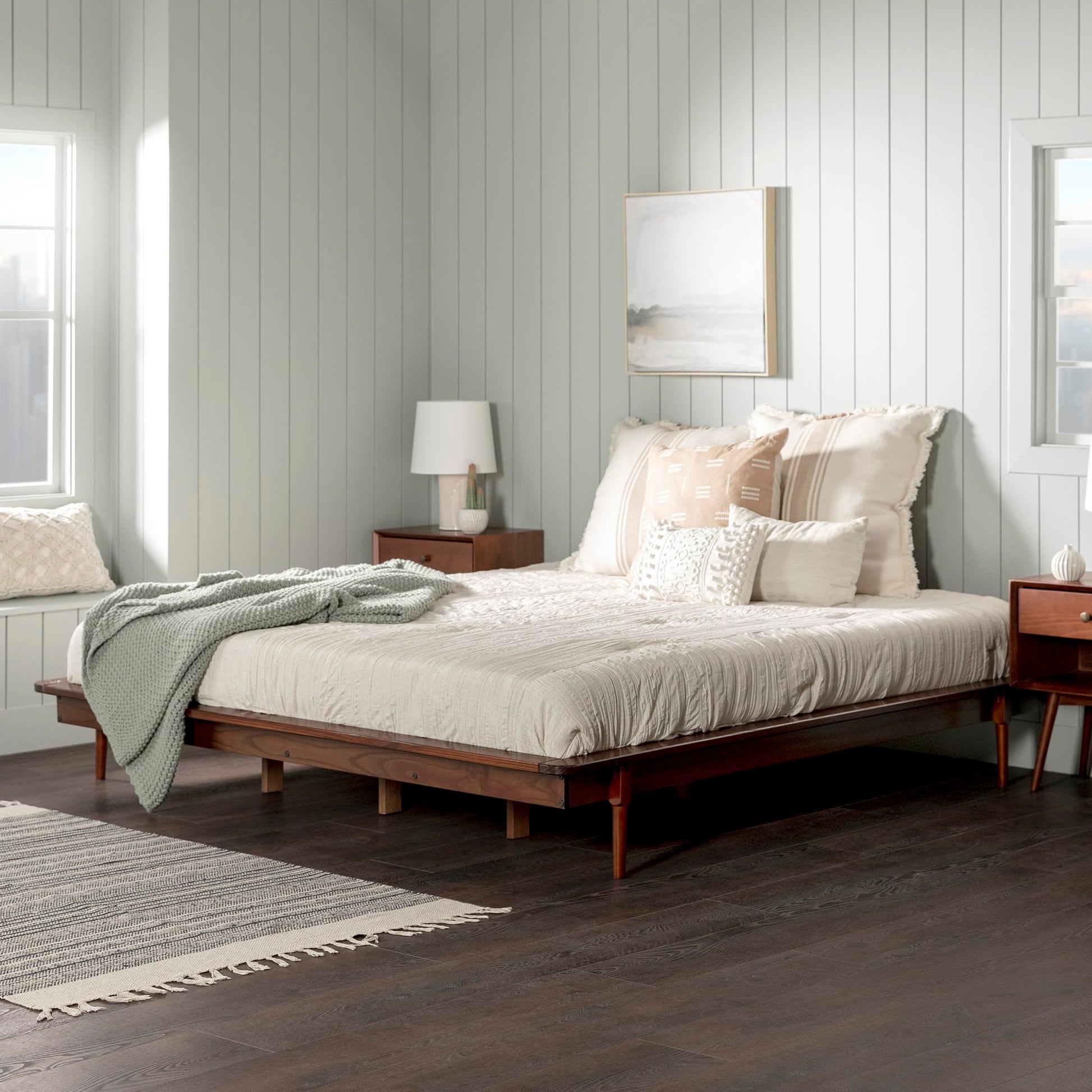 Walker Edison Mid Century Modern Solid Wood King Platform Bed with Headboard and Footboard - Walnut Finish - WoodArtSupply