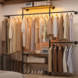 Cyclysio Industrial Pipe Clothing Rack, Reversible 7.25FT Wall Mounted Clothes Rack, Heavy Duty Garment Racks Closet Wardrobe with LED Lights& Shelves, Walk-in Closet System, Brown Cyclysio