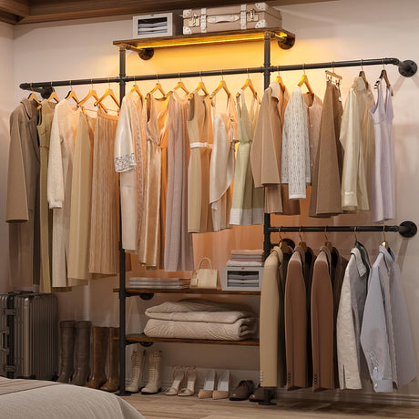 Cyclysio Industrial Pipe Clothing Rack, Reversible 7.25FT Wall Mounted Clothes Rack, Heavy Duty Garment Racks Closet Wardrobe with LED Lights& Shelves, Walk-in Closet System, Brown Cyclysio