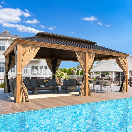 MELLCOM 12' X 20' Hardtop Gazebo, Wooden Finish Coated Aluminum Frame Gazebo with Galvanized Steel Double Roof, Brown Metal Gazebo with Curtains and MELLCOM