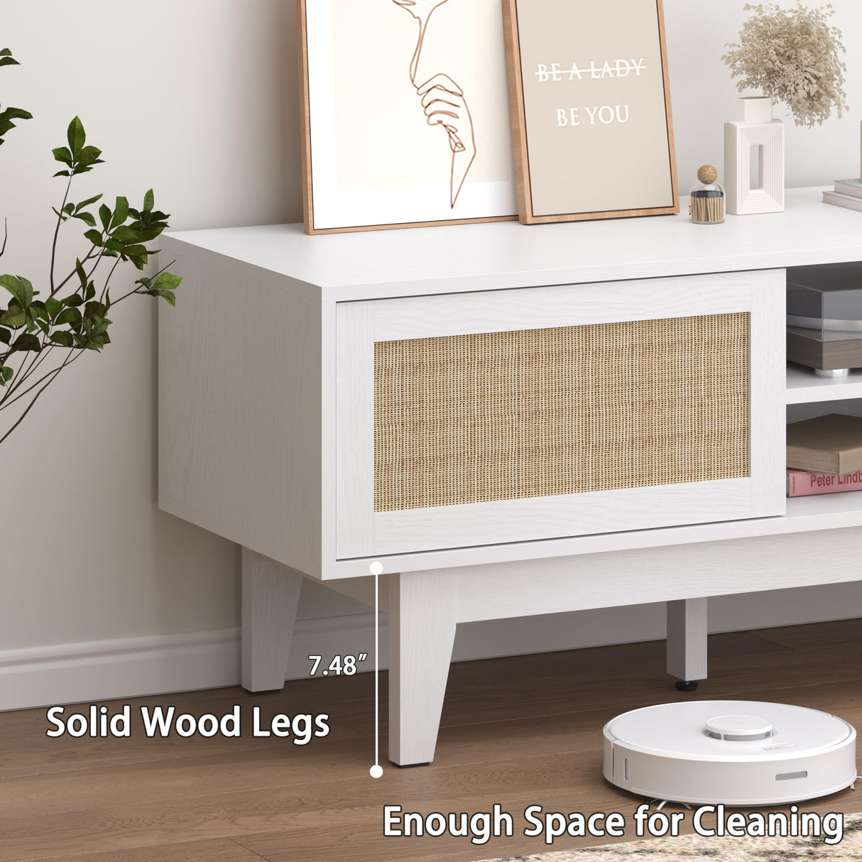 Boho TV Stand for 55 65 Inch TV, Rattan Entertainment Center with Shelves, Cabinets and Sliding Doors, TV Media Console Table with Solid Wood Feet & Cord Holes for Living Room, Bedroom, White Xixini