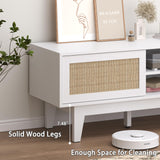 Boho TV Stand for 55 65 Inch TV, Rattan Entertainment Center with Shelves, Cabinets and Sliding Doors, TV Media Console Table with Solid Wood Feet & Cord Holes for Living Room, Bedroom, White Xixini
