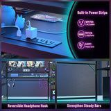 armocity 63'' L Shaped Gaming Desk with LED Lights & Power Strips, Reversible Gaming Table Desk with Hutch, L-Shaped PC Gaming Desk with Storage Shelves, L Desk for Gaming with Monitor Stand, Black armocity