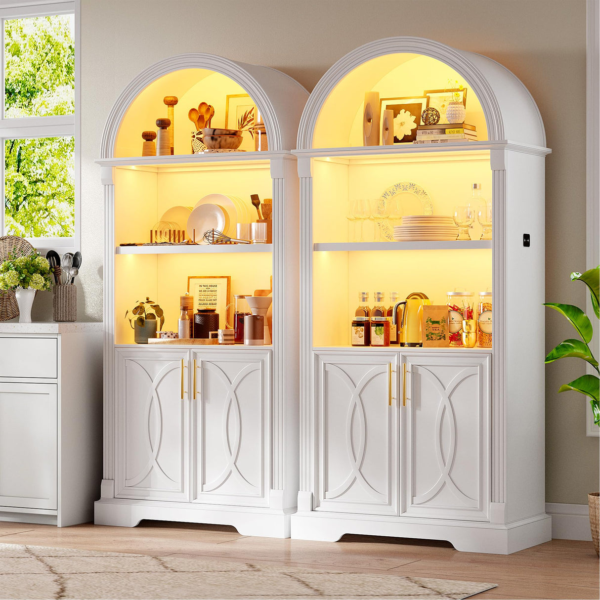 Vlsrka 71" Tall Arched Kitchen Pantry Cabinets, Wood Kitchen Storage Cabinets/Arched Bookshelf/Bookcase,China Cabinet with Open & Adjustable Shelves, Induction LED Light (White 2 PCS) Vlsrka