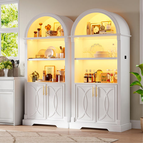 Vlsrka 71" Tall Arched Kitchen Pantry Cabinets, Wood Kitchen Storage Cabinets/Arched Bookshelf/Bookcase,China Cabinet with Open & Adjustable Shelves, Induction LED Light (White 2 PCS) Vlsrka