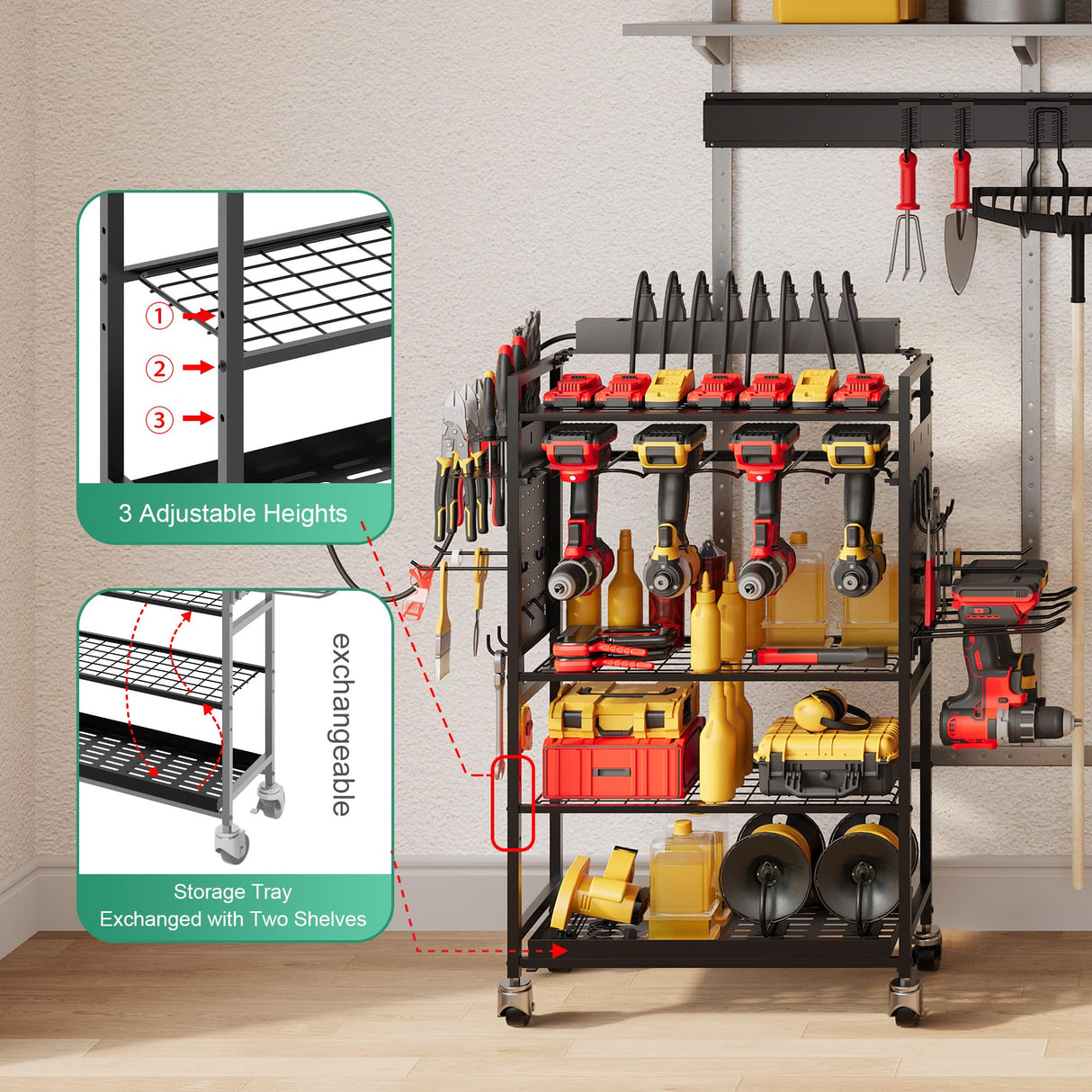 Power Tool Organizer Cart with Charging Station, Garage Rolling Storage with Drill Holder, Utility Rack for Cordless Tools, Battery & Screwdriver Shelf on Wheels, Tool Chest,Gifts for Dad Husband Sttoraboks