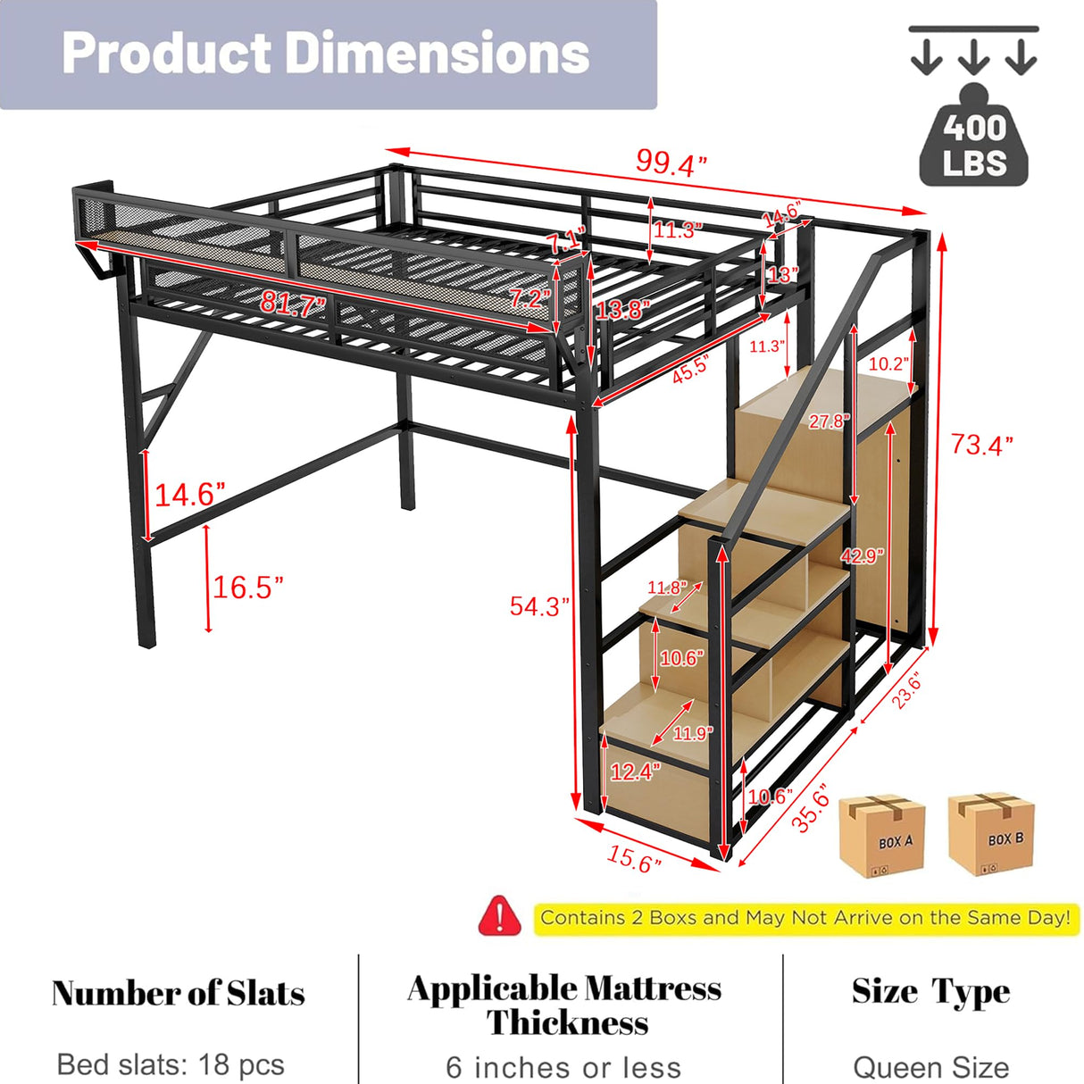 Duxelifin Queen Size Loft Bed with Staircase, Metal Loft Beds with Storage Shelves & Wardrobe, High Lofted Bed Frame, loft Tall Bed for Boys Girls and Teens, No Box Spring Needed (Black) Duxelifin