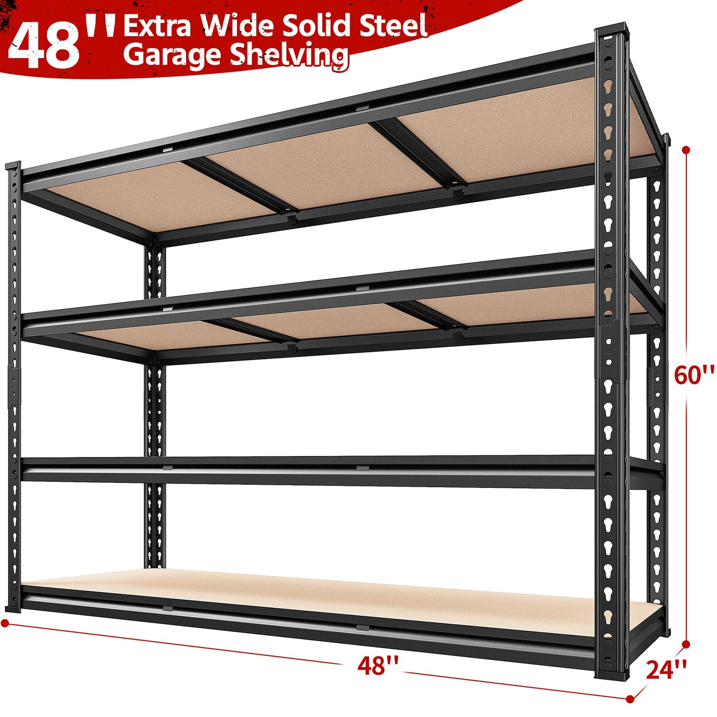 REIBII 2600LBS Garage Shelving 4 Tier Adjustable Storage Shelves Heavy Duty, 48" W Metal Shelves Utility Rack Shelving Units for Storage Warehouse Pantry Closet Kitchen, 48" W X 24" D X 60" H, Black