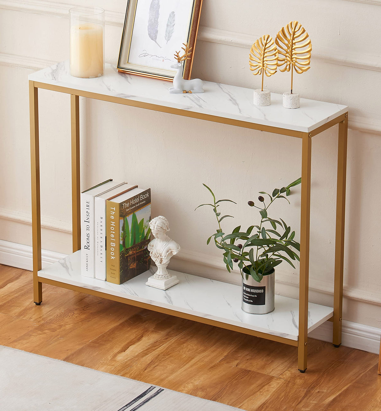 loglus Console Table for Entryway, Faux Marble MDF Sofa Table with Golden Frame (Double Layer, White Marble) loglus