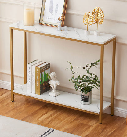 loglus Console Table for Entryway, Faux Marble MDF Sofa Table with Golden Frame (Double Layer, White Marble) - WoodArtSupply